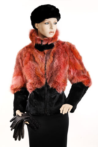 Pelz, rote Blaufucksstücken Jacke, gefärbt mit schwarz gefärbtem Kaninchen